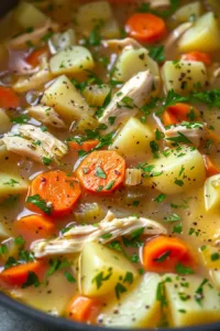 Bowl of homemade chicken potato soup garnished with herbs and spices