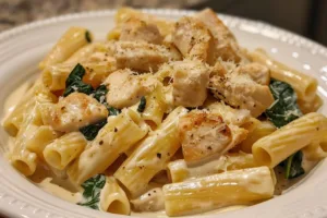 Delicious Chicken Rigatoni with Creamy Sun-Dried Tomato Sauce served in a bowl