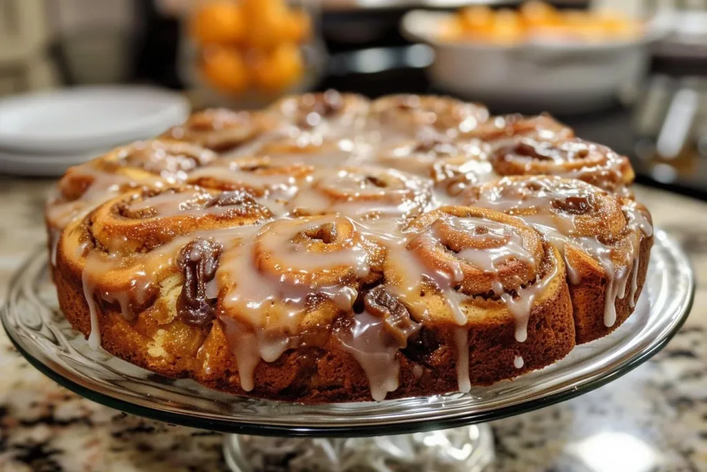 Cinnamon roll date cake with swirls of cinnamon and cream cheese frosting