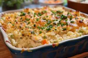 Delicious chicken rice casserole topped with herbs and spices