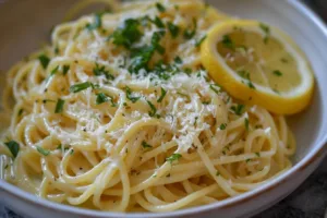Plate of creamy lemon pasta garnished with lemon zest and parsley