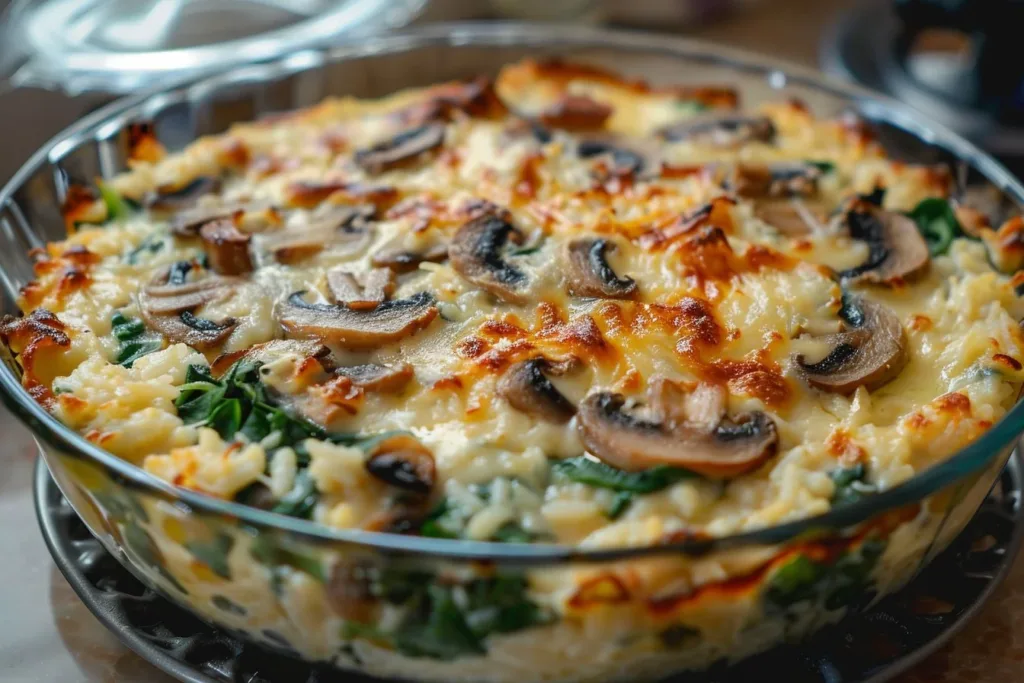 Cottage cheese chicken casserole with mushrooms and spinach baked to perfection