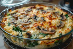 Cottage cheese chicken casserole with mushrooms and spinach baked to perfection