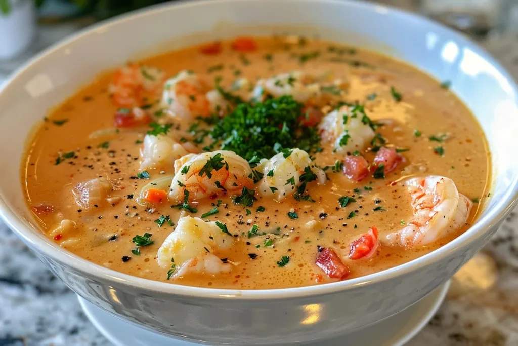 Delicious bowl of creamy Crab Shrimp Bisque topped with herbs.