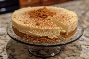 Creamy apple cider cheesecake topped with caramel drizzle and apple slices