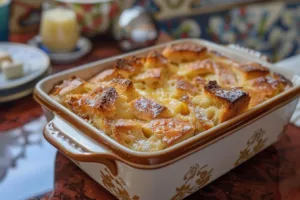 Delicious and creamy Eggnog Bread Pudding dessert served in a festive dish