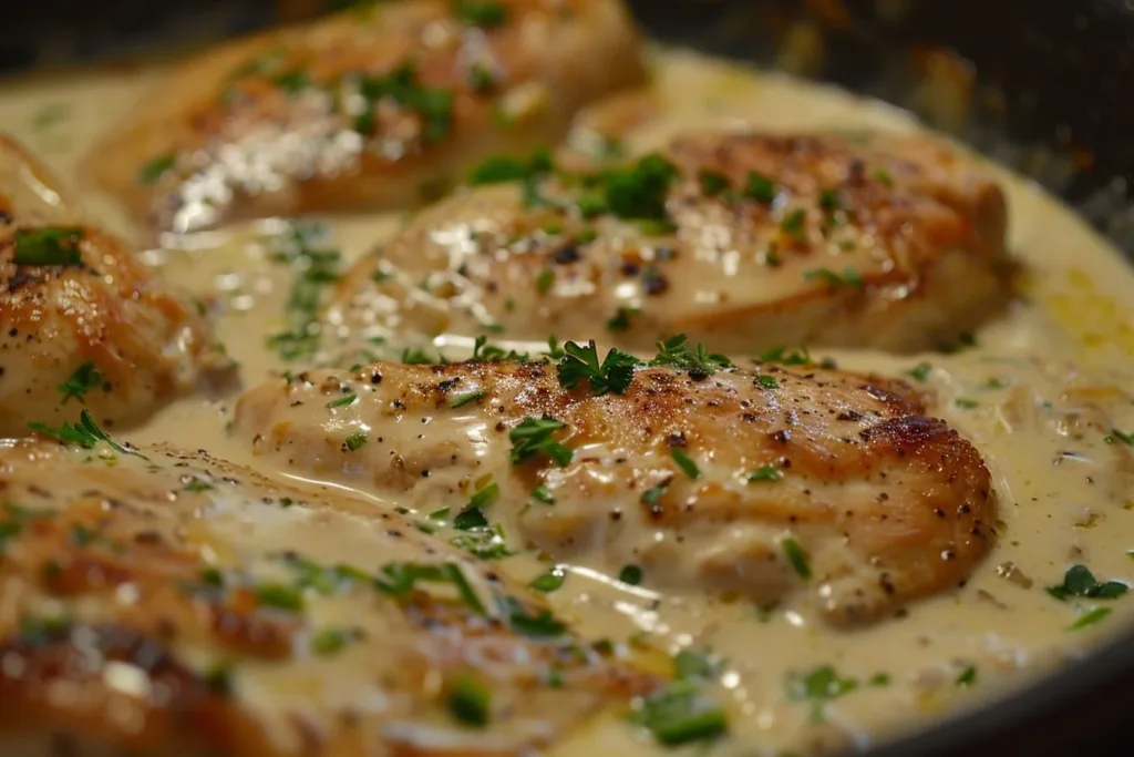 Delicious creamy garlic chicken dish garnished and ready to serve.