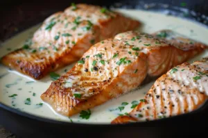 Delicious creamy garlic salmon served with a side of vegetables