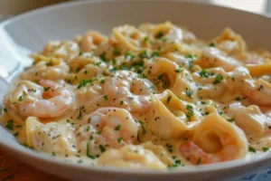 Creamy shrimp tortellini alfredo served in a bowl with fresh herbs.
