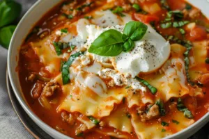 Delicious creamy vegetarian lasagna soup garnished with herbs in a bowl