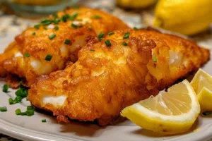 Delicious crispy battered fish served with lemon and tartar sauce