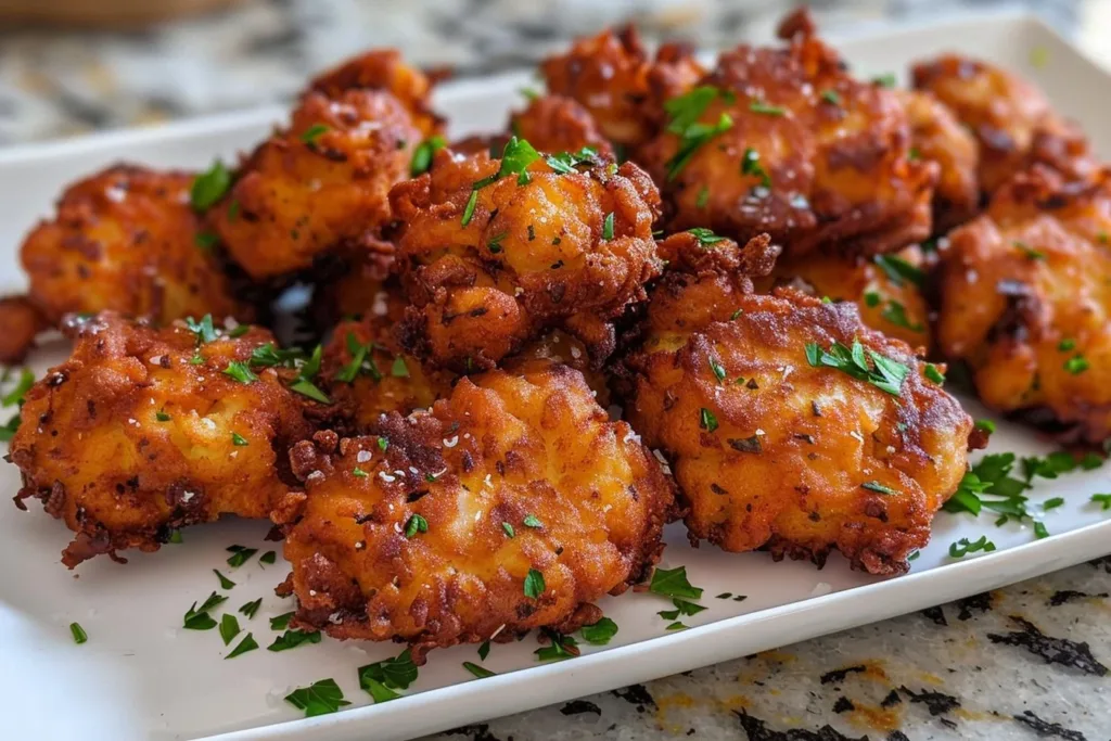 Golden crispy chicken fritters served on a plate with dipping sauce.