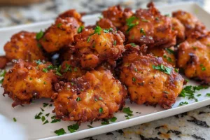 Golden crispy chicken fritters served on a plate with dipping sauce.