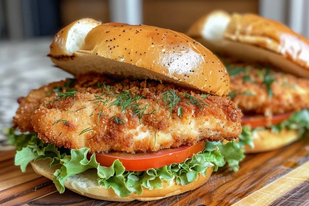 Crispy dill chicken sandwich served with fresh ingredients