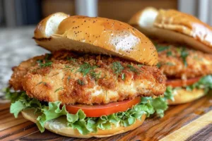 Crispy dill chicken sandwich served with fresh ingredients