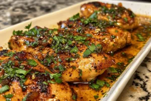 Crispy Garlic Butter Chicken garnished with herbs on a plate