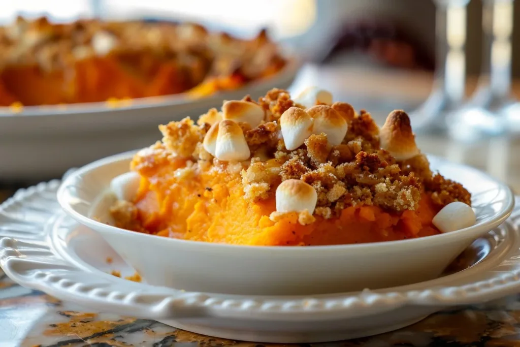 Delicious Crockpot sweet potato casserole topped with marshmallows and pecans.