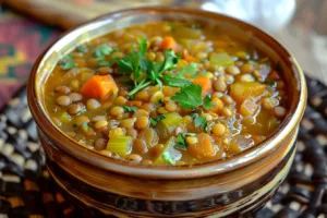 Bowl of detox Moroccan lentil soup garnished with herbs and spices