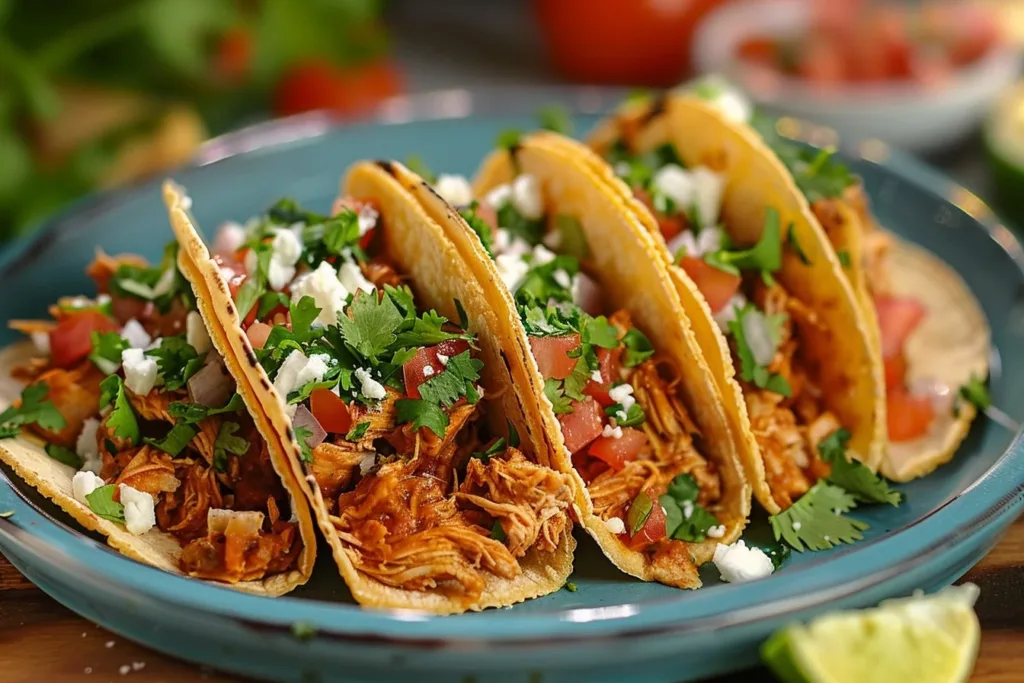 Delicious shredded chicken tacos topped with fresh ingredients