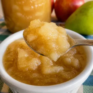 Delicious Apple and Pear Compote served in a bowl with fresh fruit garnish.