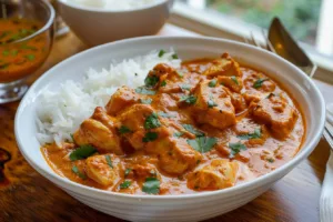 Bowl of easy crockpot chicken tikka masala served with rice and cilantro.