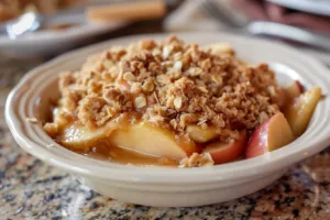 Delicious homemade apple crisp dessert served in a baking dish