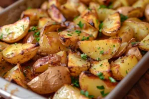 Delicious Lipton onion oven roasted potatoes served as a side dish.
