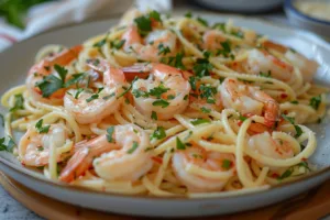 A delicious plate of easy shrimp pasta with herbs and garlic sauce.