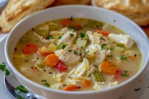 Bowl of easy soup resembling homemade pot pie, garnished with herbs