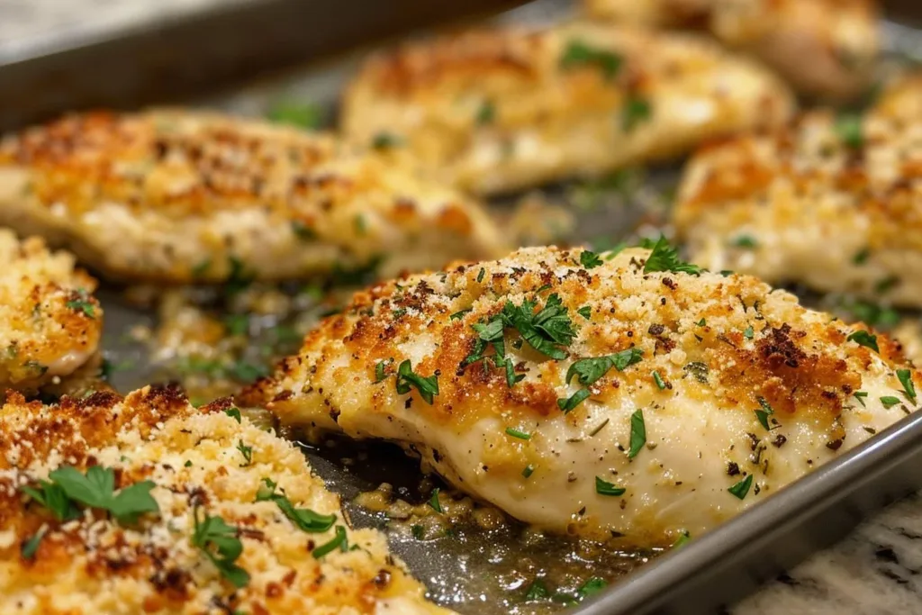 Plate of Garlic Parmesan Chicken with herbs and a side of vegetables