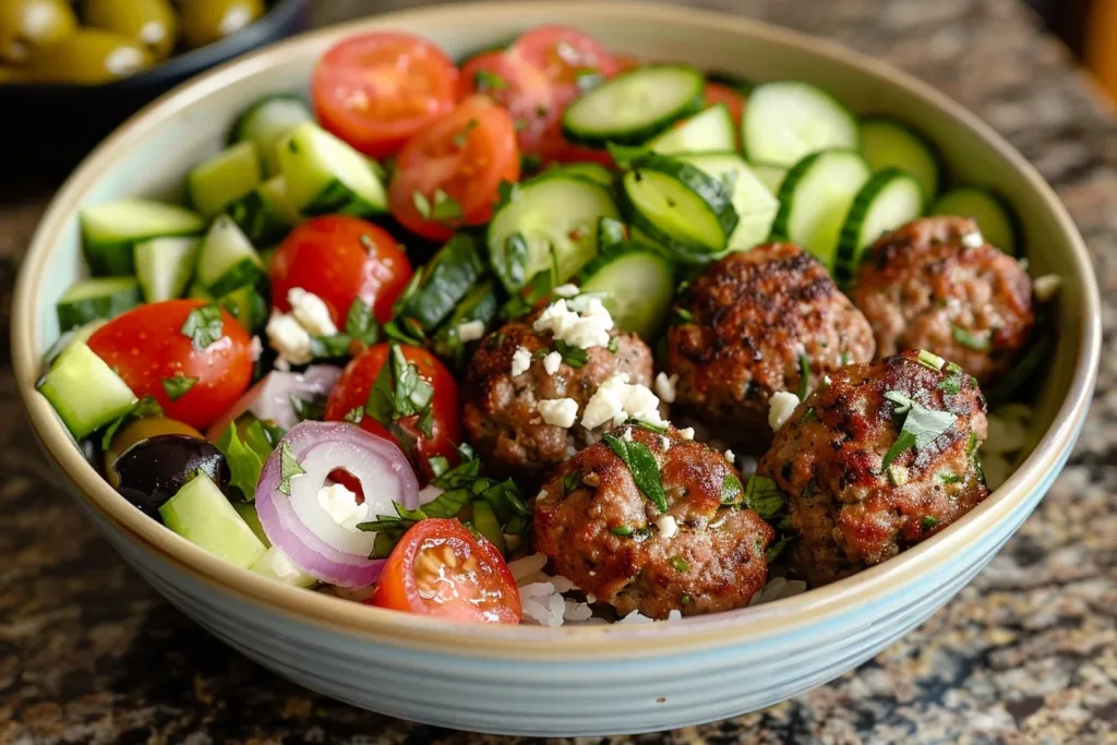 Delicious Greek Turkey Meatball Bowls served with fresh vegetables and sauce