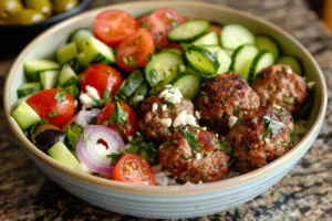 Delicious Greek Turkey Meatball Bowls served with fresh vegetables and sauce
