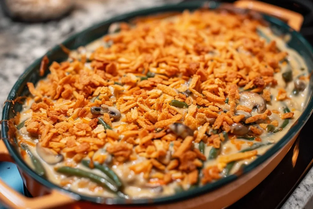 Delicious green bean casserole served in a baking dish