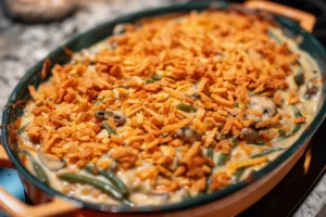 Delicious green bean casserole served in a baking dish