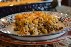Delicious homemade Hamburger Casserole served in a baking dish