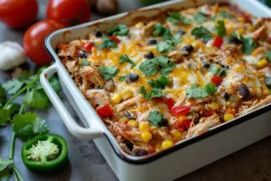 High Protein Southwest Chicken Casserole topped with cheese and vegetables
