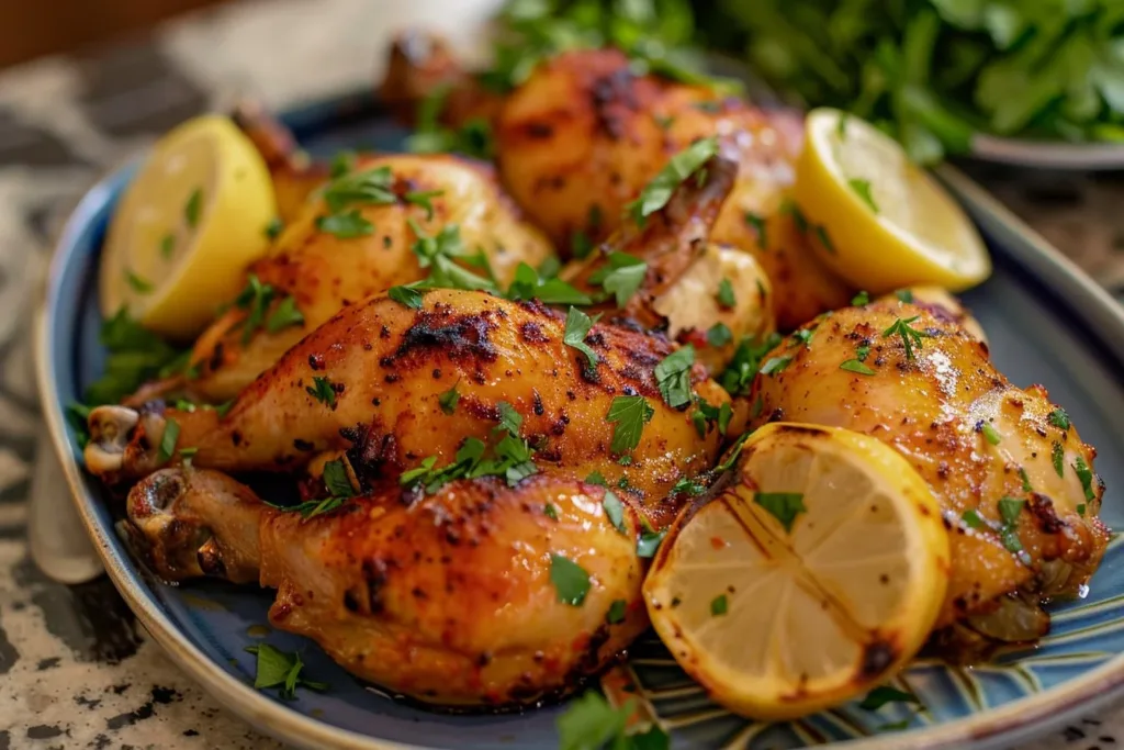 Delicious homemade Portuguese chicken served with vibrant sides