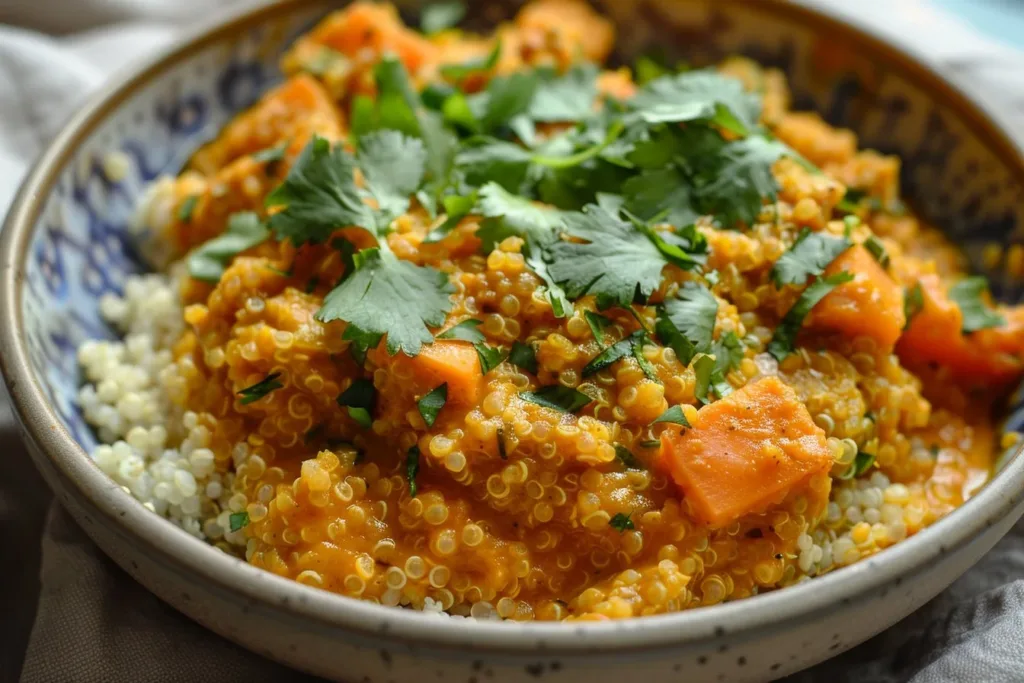 Bowl of Coconut Curry Quinoa with fresh vegetables and herbs
