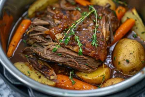 Delicious instant pot pot roast served with vegetables on a plate.