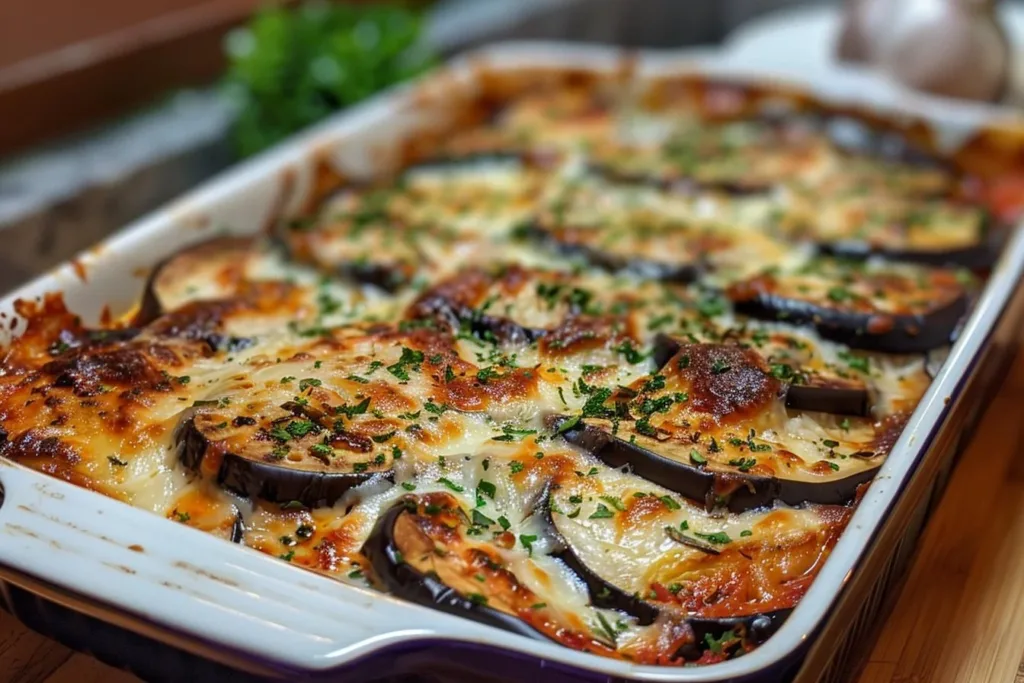 Delicious and cheesy eggplant casserole served on a plate