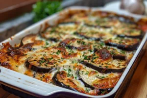 Delicious and cheesy eggplant casserole served on a plate