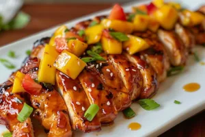 Delicious mango glazed chicken garnished with fresh herbs