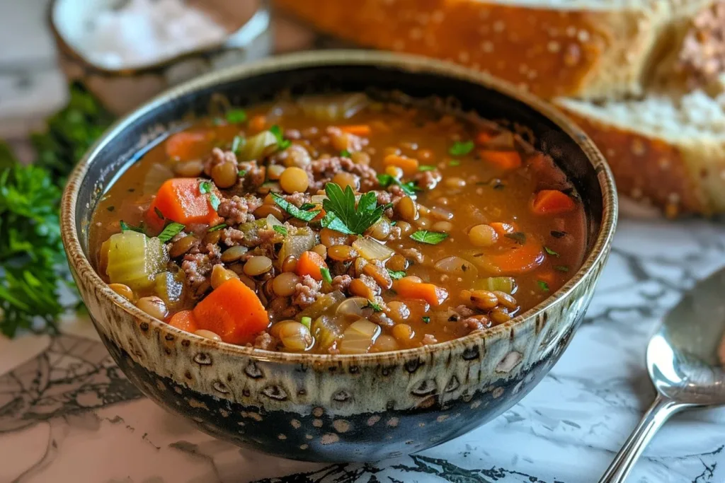 A hearty bowl of Italian lentil and sausage soup garnished with fresh herbs