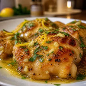 Delicious lemon garlic chicken with creamy sauce on a plate ready to serve.