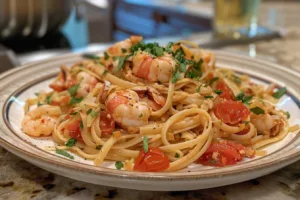 Plate of delicious lobster pasta garnished with herbs and spices