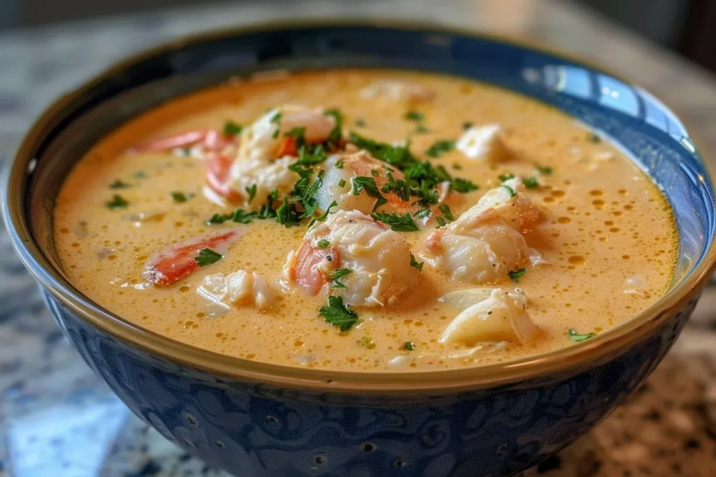 Bowl of rich and creamy She Crab Soup garnished with herbs and crab meat
