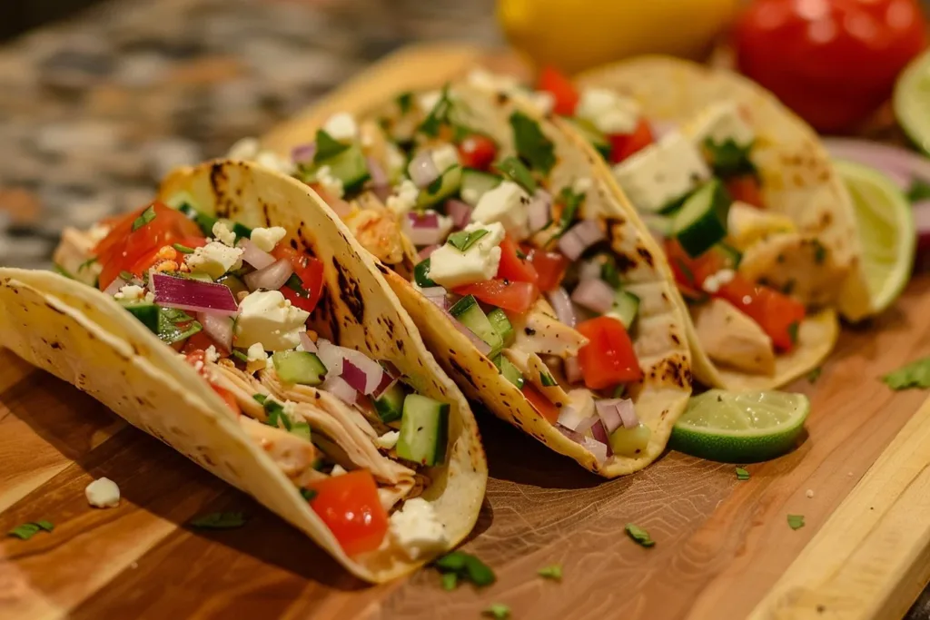 Mediterranean chicken tacos topped with fresh vegetables and herbs