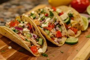 Mediterranean chicken tacos topped with fresh vegetables and herbs