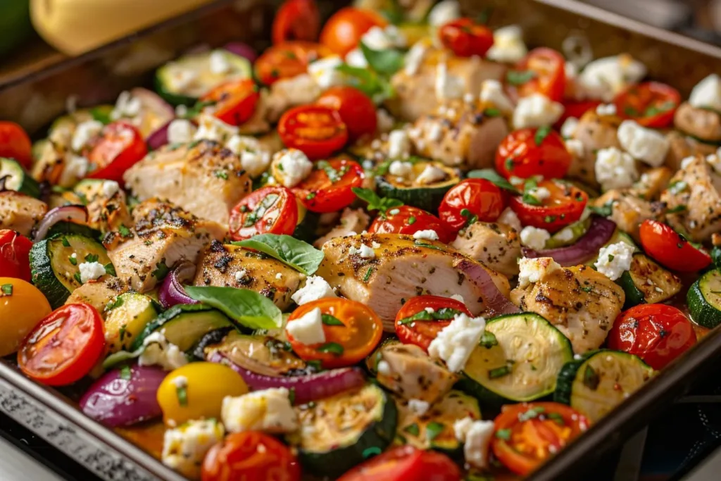 Mediterranean Chicken Zucchini Bake dish ready to serve