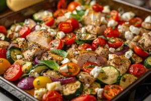 Mediterranean Chicken Zucchini Bake dish ready to serve
